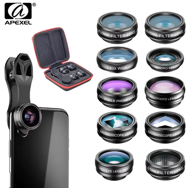 Apexel 10-in-1 mobile camera lenses kit with macro wide-angle and HD multi-function phone lens accessories