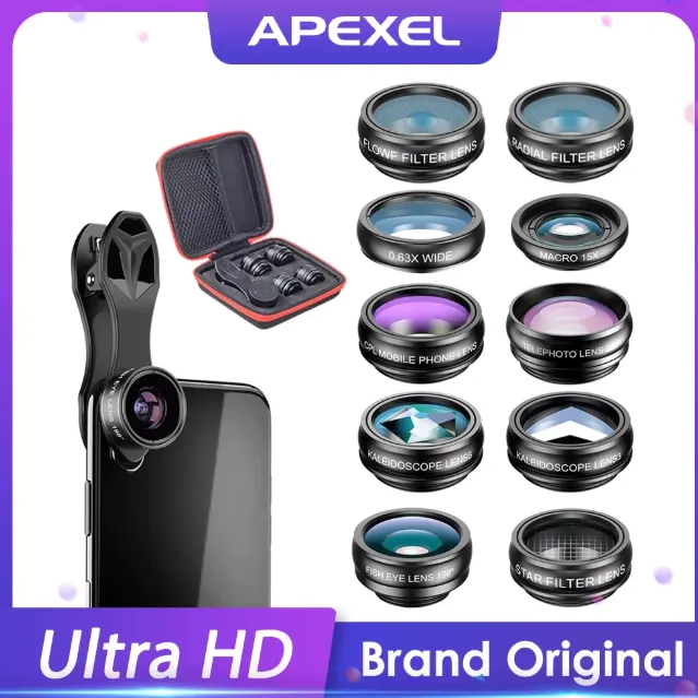 Apexel 10 in 1 phone camera lens kit with multiple lenses and filters for mobile photography