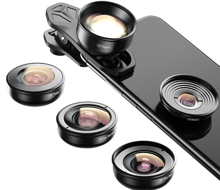 Apexel 4K HD mobile phone 5-in-1 camera lens kit with macro telephoto and wide-angle lenses
