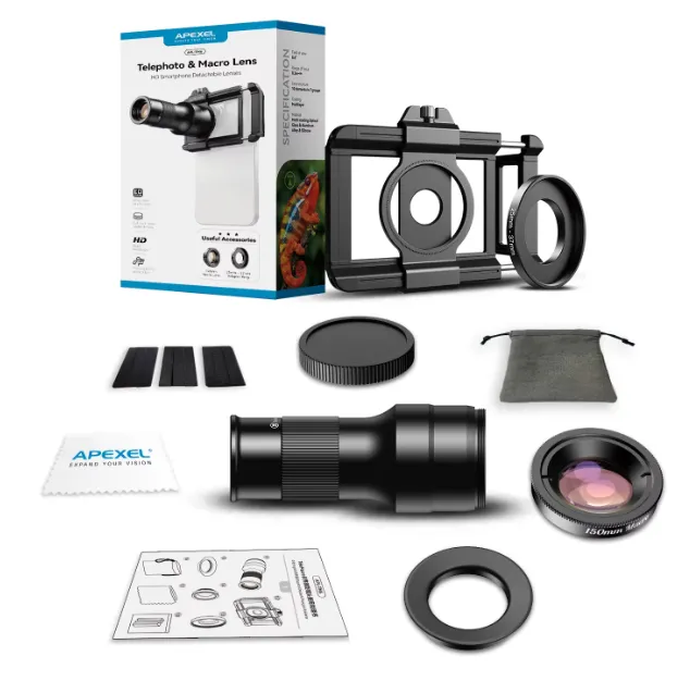 Apexel 5 in 1 camera lens kit with macro, telephoto, and wide-angle lenses for smartphones