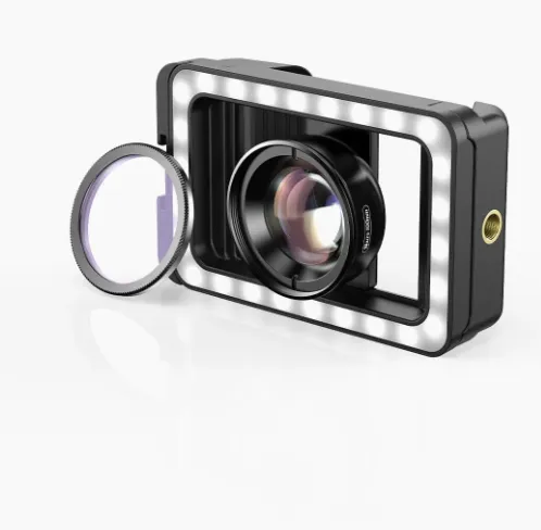 Apexel new 3-in-1 mobile phone lens clip and 100mm macro lens kit with integrated fill light