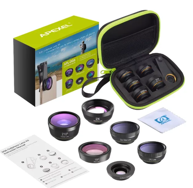 Apexel new cell phone clip-on lens optical 210-degree fisheye wide-angle 6-in-1 smartphone camera lens kit